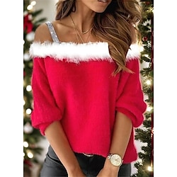 Women’s Pullover Christmas Sweatshirt Active Red Solid Color Christmas Casual V Neck Top Long Sleeve Fall  Winter Micro-elastic