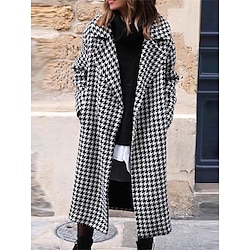 Women’s Winter Coat Coat Fall Winter Outdoor Street Daily Wear Long Coat Windproof Warm Regular Fit Stylish Casual Street Style Jacket Long Sleeve with Pockets Stripes and Plaid Black