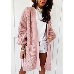 Women’s Cardigan Plain Solid Color Hollow Out Knitted Acrylic Fibers Basic Long Sleeve Sweater Cardigans Fall Winter V Neck Blushing Pink Gray Beige