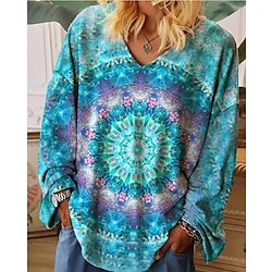 Women’s T shirt Tee Light Blue Graphic Tie Dye Casual Daily Going out Long Sleeve V Neck Vintage Ethnic Boho Loose Fit Bohemian Theme Geometric Fall  Winter