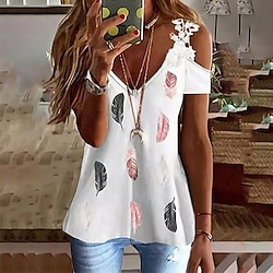 Women’s Casual V-neck Summer Off-the-shoulder Short-sleeve LaceT-shirt