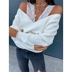 Women’s Pullover Sweater Jumper Jumper Ribbed Knit Lace Trims Cold Shoulder V Neck Solid Color Outdoor Holiday Stylish Soft Summer Fall Khaki Dark Gray S M L
