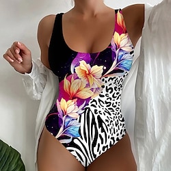 Women’s Swimwear One Piece Normal Swimsuit Floral Printing Pink Blue Purple Bodysuit Bathing Suits Beach Wear Summer Sports