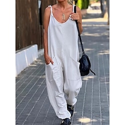 Women’s Jumpsuit Solid Color Pocket Streetwear V Neck Street Daily Spaghetti Strap Loose Fit Black White Pink S M L Summer