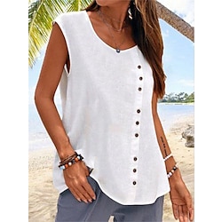 Women’s Tank Top Linen Black White Blue Button Plain Casual Weekend Sleeveless Round Neck Hawaiian Basic Regular Fit