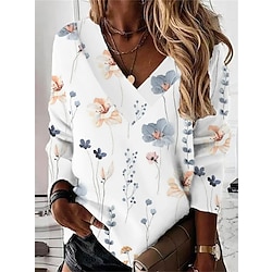 Women’s Sweatshirt Pullover Vintage Streetwear White Floral Casual Holiday V Neck Top Long Sleeve Fall  Winter Micro-elastic