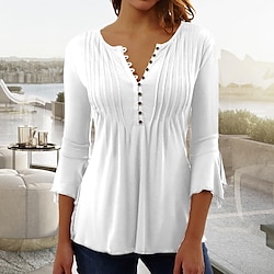 Women’s Shirt Blouse Tunic Black White Wine Button Flowing tunic Plain Casual 3/4 Length Sleeve V Neck Basic Regular Fit