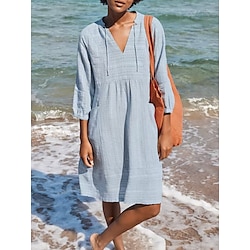 Women’s Cotton Linen Dress Casual Dress Cotton Midi Dress Outdoor Daily Vacation Basic Classic Ruched Pocket V Neck Summer Spring Fall 3/4 Length Sleeve Regular Fit 2023 White Blue Green Plain S M L