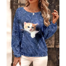 Women’s Sweatshirt Pullover Sports Basic White Blue Light Blue Cat Street Casual Round Neck Top Long Sleeve Fall  Winter Micro-elastic