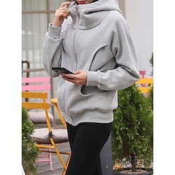 Women’s Hoodied Jacket Casual Jacket Outdoor with Pockets Breathable Solid Color Loose Fit Outerwear Fall Long Sleeve Black M