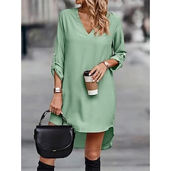 Women’s Work Dress Fashion Sheath Dress Semi Formal Dress Button Asymmetrical Midi Dress Long Sleeve V Neck Regular Fit Plain Green Fall Winter S M L XL XXL