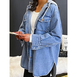 Women’s Denim Jacket Hoodied Jacket Outdoor Button Breathable Plain Regular Fit Fashion Outerwear Summer Long Sleeve Blue S
