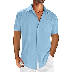 Men’s Shirt Linen Shirt Button Up Shirt Guayabera Shirt Summer Shirt Beach Shirt Black White Navy Blue Plain Short Sleeve Summer Lapel Casual Daily Clothing Apparel Front Pocket