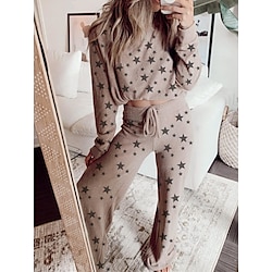 Women’s 2 Pieces Loungewear Sets Fashion Casual Comfort Star Polyester Street Daily Date Crew Neck Breathable Long Sleeve Pant Fall Winter Khaki