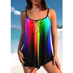 Women’s Swimwear Tankini 2 Piece Plus Size Swimsuit Geometic Gradient Color 2 Piece Black Blue Rainbow Tank Top Bathing Suits Summer Sports