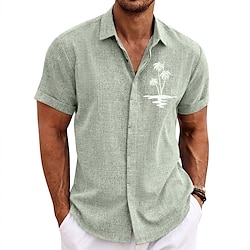 Men’s Shirt Linen Shirt Turndown Coconut Tree Graphic Prints Blue Green Khaki Gray Outdoor Street Print Short Sleeves Clothing Apparel Linen Fashion Designer Casual Soft