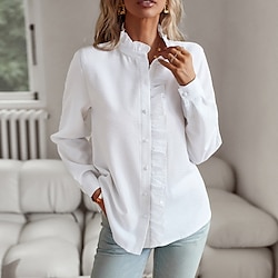 Women’s Shirt Blouse White Blue Ruffle Button Plain Casual Long Sleeve Standing Collar Fashion Regular Fit Spring   Fall