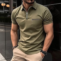 Men’s Polo Shirt Golf Shirt Lapel Quarter Zip Casual Holiday Fashion Basic Short Sleeve Quarter Zip Plain Regular Fit Summer Black Blue Green Gray Polo Shirt