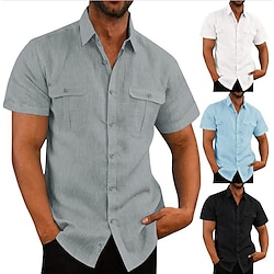 Men’s Shirt Linen Shirt Summer Shirt Beach Shirt Black White Navy Blue Solid Color Short Sleeve Spring Autumn / Fall Turndown Daily Hawaiian Clothing Apparel Button-Down