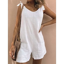 Women’s Romper Solid Color Pocket Bow Streetwear Crew Neck Daily Vacation Sleeveless Regular Fit Sleeveless White Yellow Orange S M L Summer