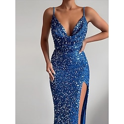 Women’s Long Dress Maxi Dress Prom Dress Party Dress Sequin Dress Blue Pure Color Sleeveless Spring Fall Winter Sequins Fashion Spaghetti Strap Slim Birthday Evening Party Wedding Guest 2023 S M L XL