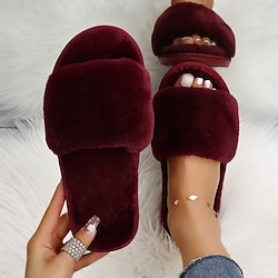 Women’s Slippers Home Daily Furry Feather Fuzzy Slippers Fluffy Slippers House Slippers Winter Open Toe Flat Heel Walking Casual Comfort Minimalism Suede Solid Color Wine Red Black White