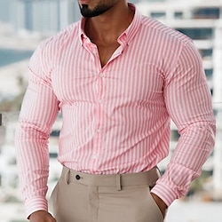 Men’s Button Up Shirt Casual Shirt Summer Shirt Pink Striped Long Sleeve Turndown Street Vacation Button-Down Clothing Apparel Fashion Leisure