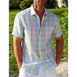 Men’s Shirt Button Up Shirt Casual Shirt Summer Shirt Beach Shirt Pink Blue Green Plaid / Check Short Sleeve Lapel Daily Vacation Clothing Apparel Fashion Casual Comfortable