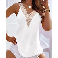 Women’s Tank Top Summer Tops White Lace Trims Plain Weekend Sleeveless V Neck Fashion Basic Elegant Regular Fit