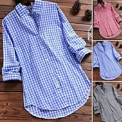 Women’s Shirt Pocket Basic Plaid Shirt Collar Spring   Fall Black Red Blue