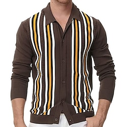 Men’s Sweater Cardigan Sweater Sweater Jacket Ribbed Knit Button Knitted Cropped Turndown Striped Outdoor Daily Streetwear Stylish Clothing Apparel Spring   Fall Brown Green M L XL