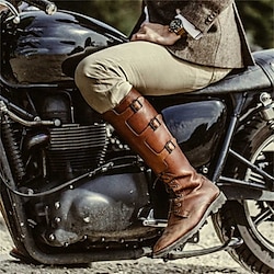 Men’s Boots Motorcycle Boots Cowboy Boots Biker boots Vintage PU Daily Knee High Boots Buckle Yellowish brown Black Dark Coffee Summer Fall Winter