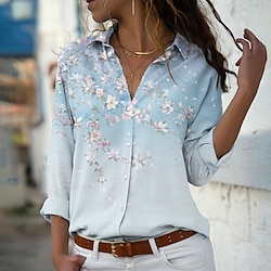 Women’s Blouse Floral Daily Holiday Weekend Floral Long Sleeve Blouse Shirt Shirt Collar Button Print Casual Streetwear Green Blue Pink S / 3D Print