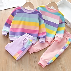 2 Pieces Girls’ Kids Color Block Hoodie  Pants Pocket Set Fashion Long Sleeve Outdoor Spring 7-13 Years Pink Purple