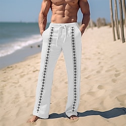 Men’s Linen Pants Trousers Summer Pants Beach Pants Plain Drawstring Elastic Waist Straight Leg Comfort Breathable Linen / Cotton Blend Casual Daily Holiday Fashion Classic Style Black White