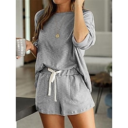 Women’s Pajamas Pajama Top and Pant Sets Fashion Casual Soft Camo Polyester Home Daily Bed Crew Neck Breathable T shirt Tee Long Sleeve Elastic Waist Shorts Summer Fall Gray