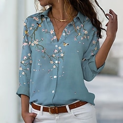 Women’s Shirt Blouse Blue Purple Green Button Print Floral Casual Holiday Long Sleeve Shirt Collar Vintage Fashion Basic Regular Fit Floral Spring Fall