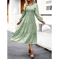 Women’s Casual Dress Swing Dress Plain Dress Pleated Ruffle Midi Dress Fashion Modern Outdoor Daily Holiday Long Sleeve V Neck Slim 2023 Pink Wine Green Color S M L XL Size