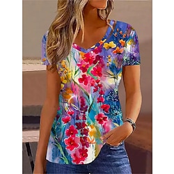 Women’s T shirt Tee Red Purple Beige Print Floral Holiday Weekend Short Sleeve V Neck Basic Regular Fit Floral Painting