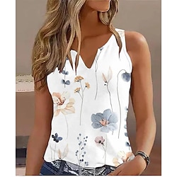 Women’s Tank Top White Blue Gray Print Floral Casual Holiday Sleeveless V Neck Basic Regular Fit Floral