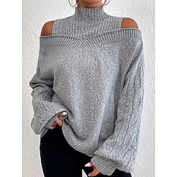 Women’s Pullover Sweater Jumper Jumper Ribbed Knit Cold Shoulder Stand Collar Solid Color Daily Going out Stylish Casual Fall Winter Black Blue S M L
