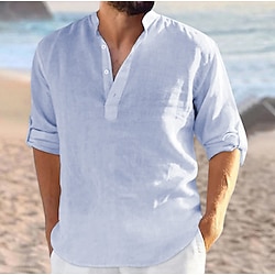Men’s Shirt Linen Shirt V Neck Plain White Black Blue Gray Khaki Long Sleeve Daily Going out Tops Fashion Designer Business Elegant