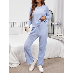 Women’s Pajamas Pajama Top and Pant Sets Fashion Casual Soft Pure Color Polyester Home Daily Bed Crew Neck Breathable T shirt Tee Long Sleeve Elastic Waist Pant Summer Fall Navy Blue Blue