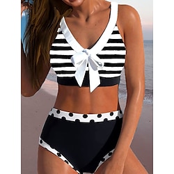 Women’s Swimwear Normal Bikini Swimsuit Polka Dot Striped 2 Piece Black White Bathing Suits Summer Sports