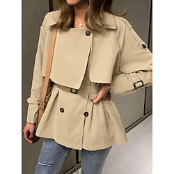 Women’s Trench Coat Fall Winter Street Daily Wear Vacation Regular Coat Breathable Regular Fit Chic  Modern Casual Street Style Jacket Long Sleeve with Pockets Pure Color Black Khaki