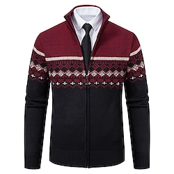 Men’s Sweater Cardigan Sweater Ribbed Knit Knitted Regular Stand Collar Daily Wear Going out Warm Ups Modern Contemporary Clothing Apparel Fall  Winter Wine Red Blue S M L