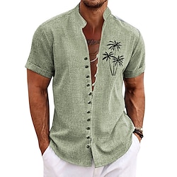 Men’s Shirt Linen Shirt Stand Collar Coconut Tree Graphic Prints Blue Purple Green Khaki Gray Outdoor Street Print Short Sleeve Clothing Apparel Linen Fashion Streetwear Designer Casual