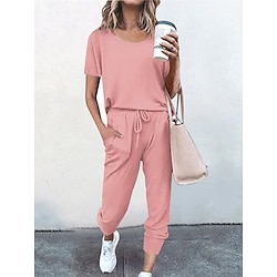 Women’s Loungewear Sets Fashion Casual Comfort Pure Color Polyester Street Daily Date Crew Neck Breathable T shirt Tee Short Sleeve Pocket Elastic Waist Pant Summer Fall Black Pink