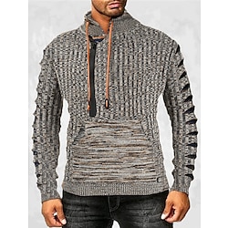 Men’s Pullover Sweater Jumper Ribbed Knit Knitted Regular Stand Collar Solid Color Work Daily Wear Modern Contemporary Clothing Apparel Winter Brown Light Grey M L XL