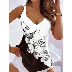 Women’s Tank Top Going Out Tops Summer Tops White Print Floral Holiday Weekend Sleeveless V Neck Tunic Basic Regular Fit Floral